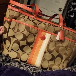 Coach Canvas Tote in Brown with Orange, Pink, And  Cream Stripes .. NEW!!!